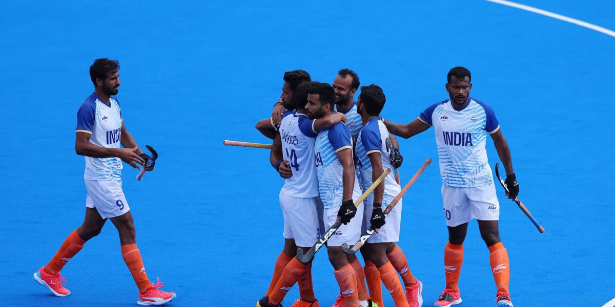 India men’s hockey team defending against Great Britain at the Paris Olympics ahead of the 2026 Hockey World Cup